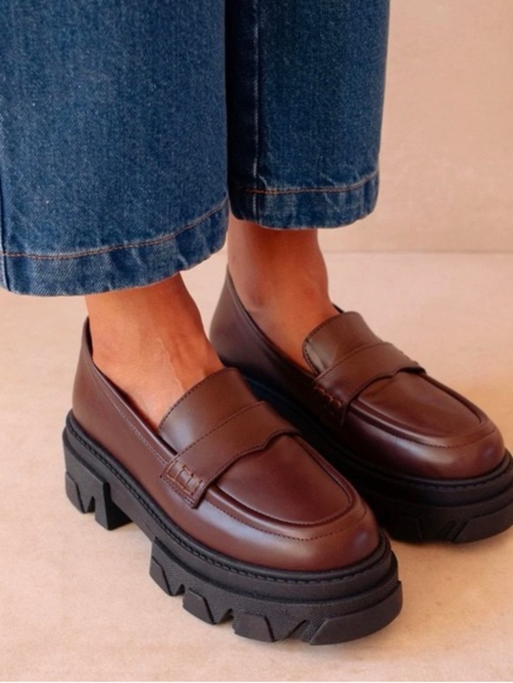 ALOHAS Brown Chunky Lug Sole Penny Loafers